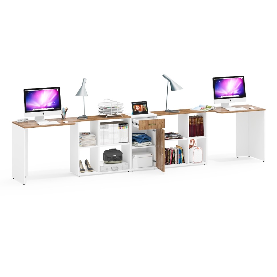 Лидер-8 Стол + Стол + Тумба МД 3.15, цвет белый шагрень/крафт золото, ШхГхВ 370х50/30х75 см. или 230х50/120х75 см., НЕ универсальная сборка