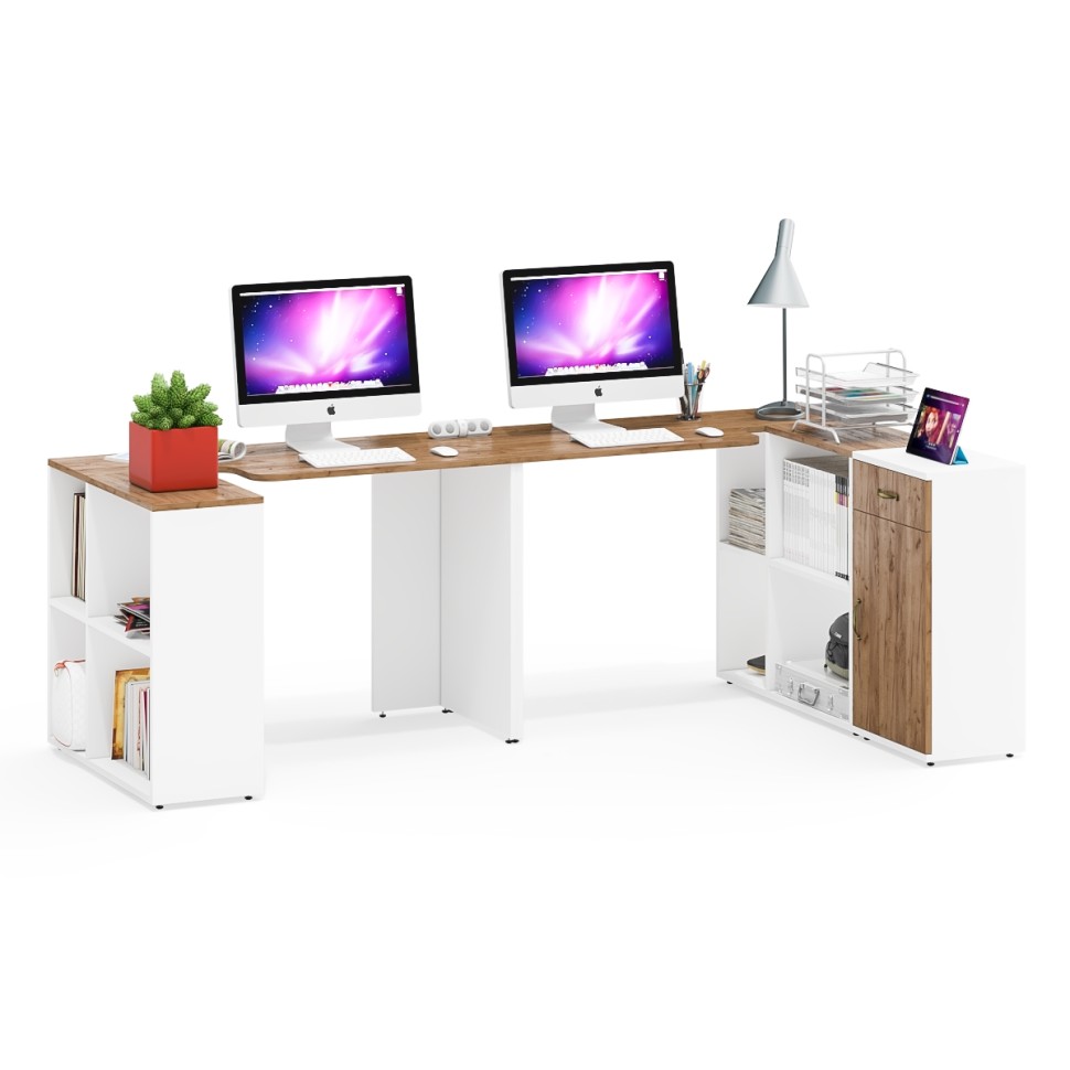 Лидер-8 Стол + Стол + Тумба МД 3.15, цвет белый шагрень/крафт золото, ШхГхВ 370х50/30х75 см. или 230х50/120х75 см., НЕ универсальная сборка