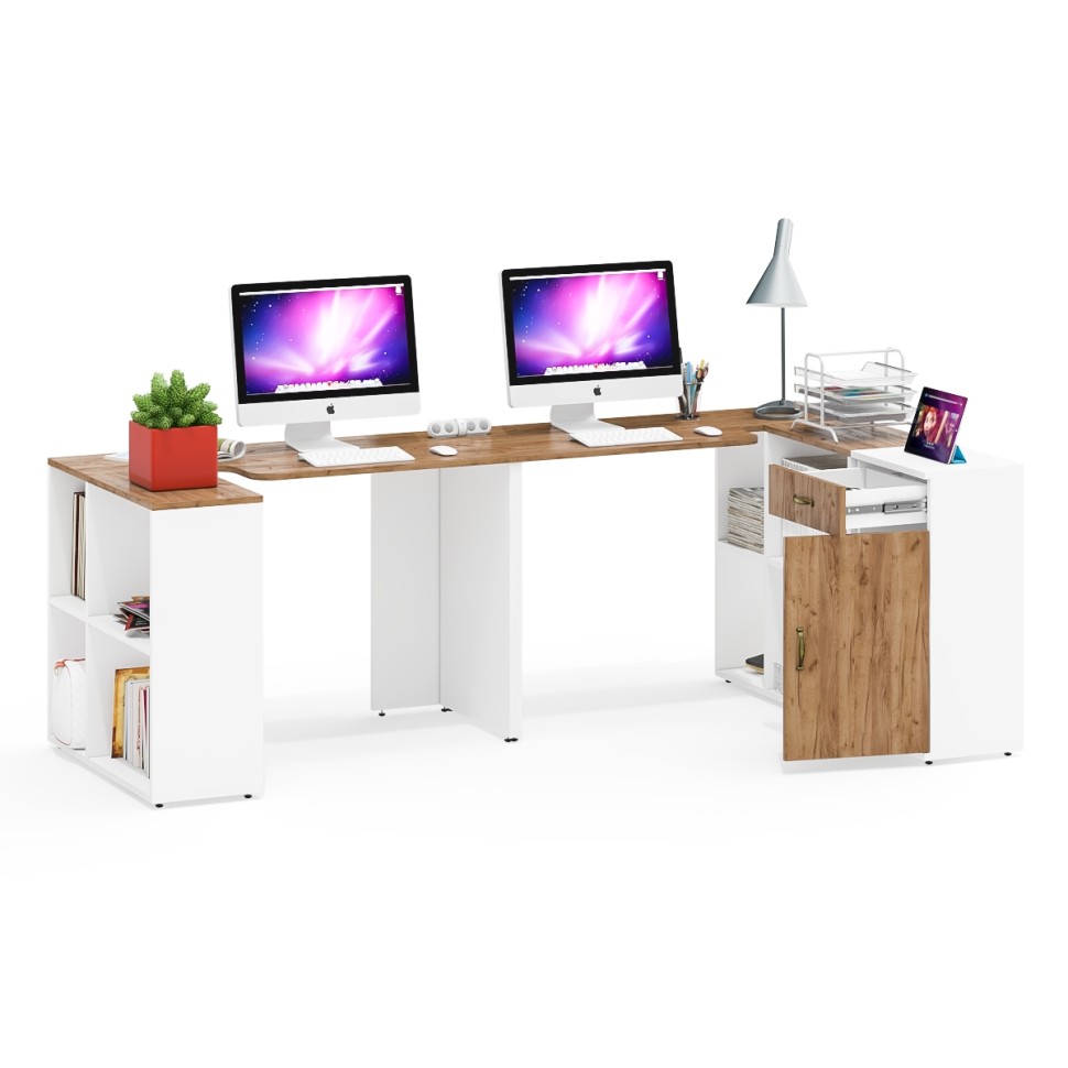 Лидер-8 Стол + Стол + Тумба МД 3.15, цвет белый шагрень/крафт золото, ШхГхВ 370х50/30х75 см. или 230х50/120х75 см., НЕ универсальная сборка