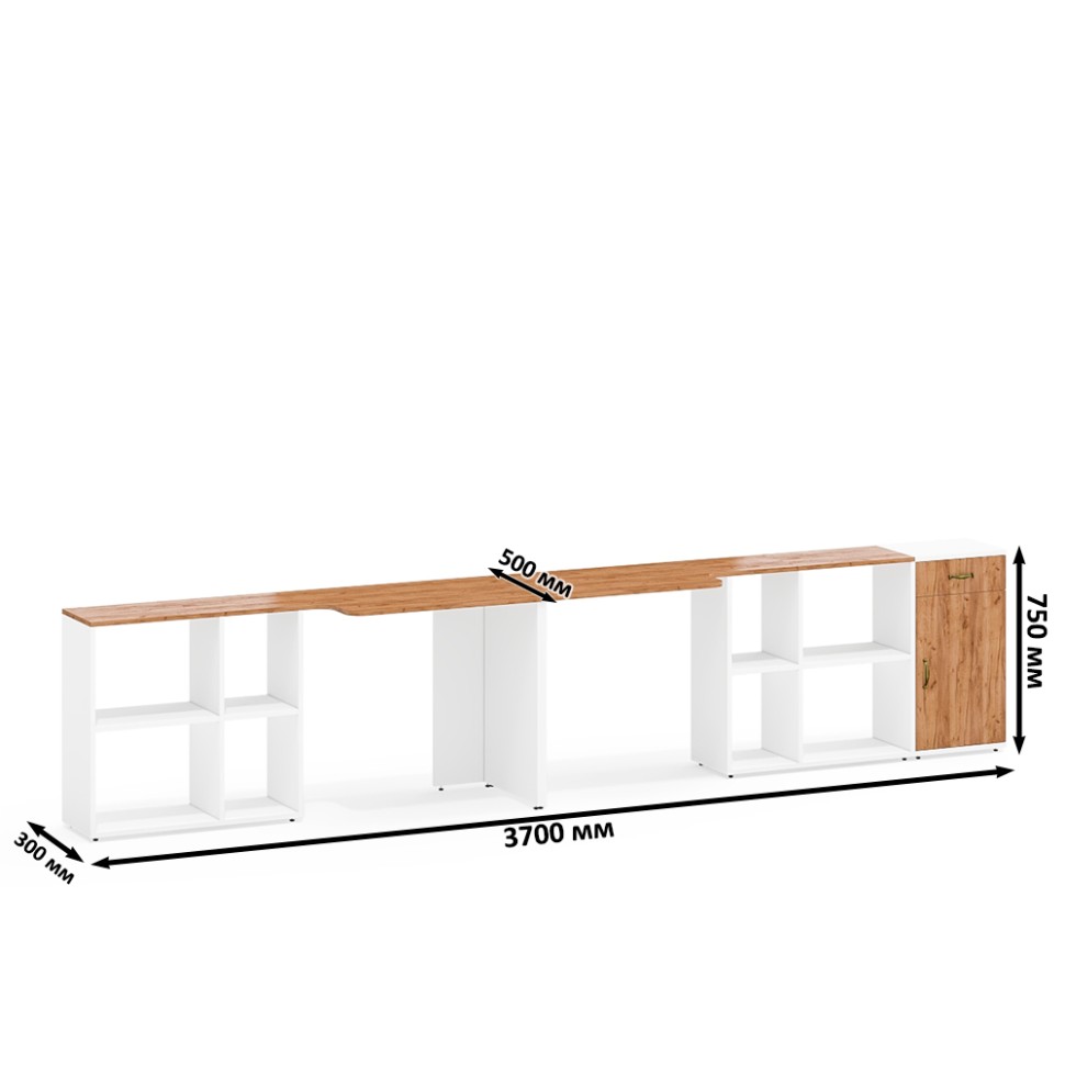 Лидер-8 Стол + Стол + Тумба МД 3.15, цвет белый шагрень/крафт золото, ШхГхВ 370х50/30х75 см. или 230х50/120х75 см., НЕ универсальная сборка