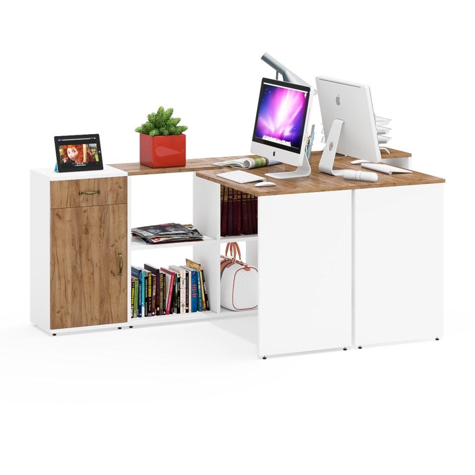 Лидер-8 Стол + Стол + Тумба МД 3.15, цвет белый шагрень/крафт золото, ШхГхВ 370х50/30х75 см. или 230х50/120х75 см., НЕ универсальная сборка