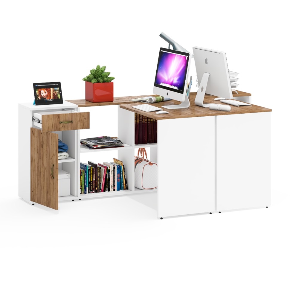 Лидер-8 Стол + Стол + Тумба МД 3.15, цвет белый шагрень/крафт золото, ШхГхВ 370х50/30х75 см. или 230х50/120х75 см., НЕ универсальная сборка