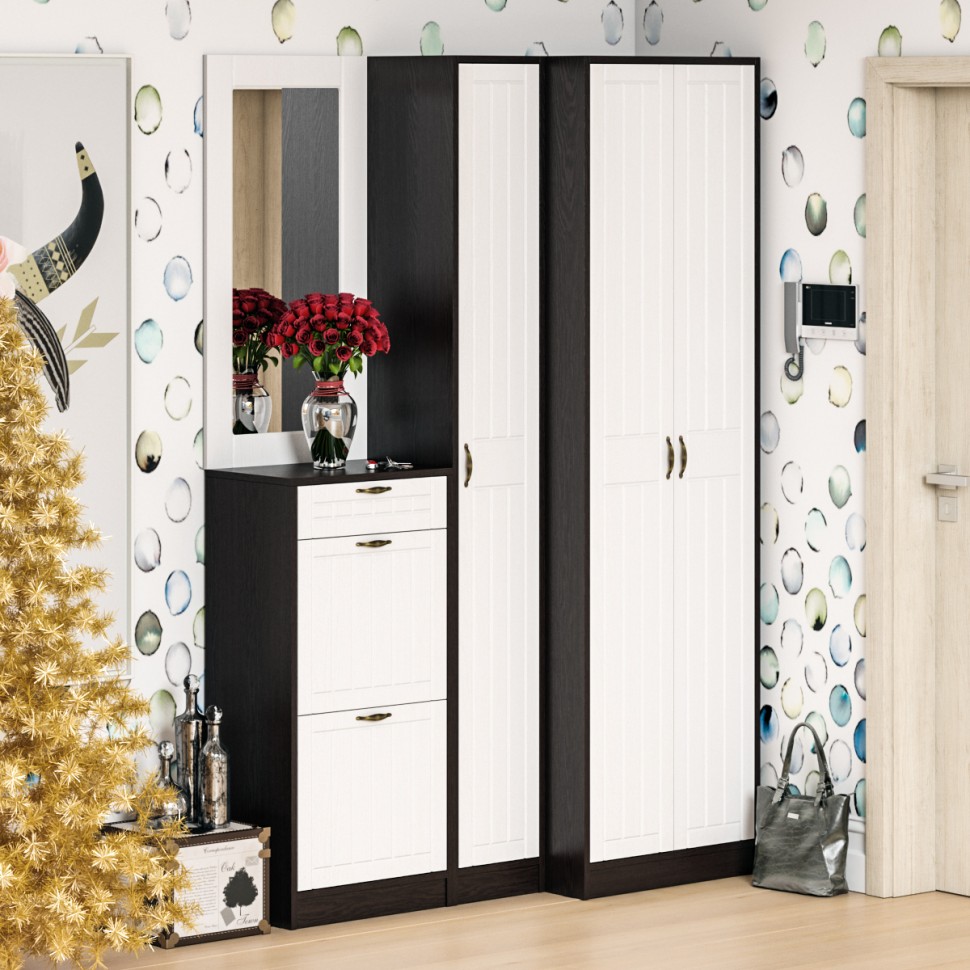 Прихожая П-6 Тумба для обуви 2 секции, цвет венге/фасады МДФ белое дерево фрезеровка прованс, ШхГхВ 50х35х108,3 см.