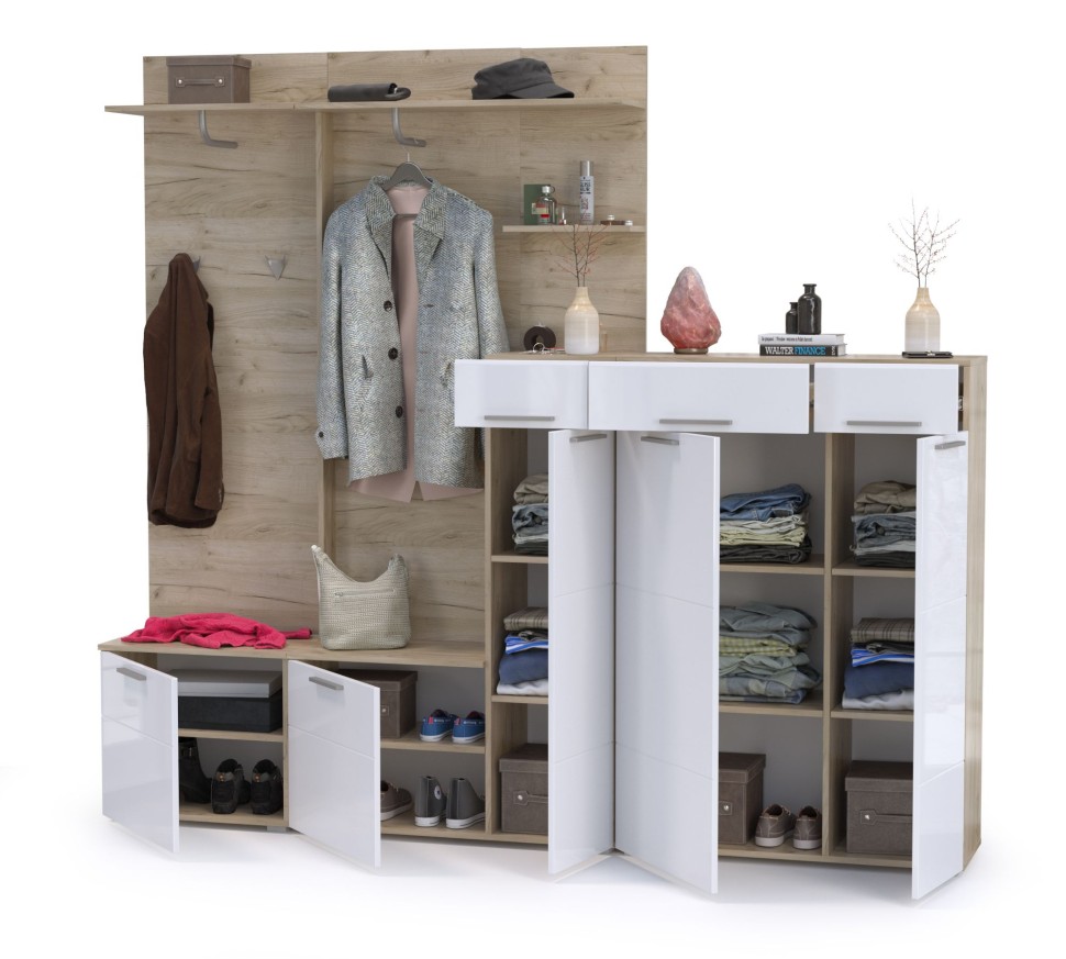 КР100 Лайн Прихожая № 19, цвет дуб крафт серый/фасады МДФ белый глянец, ШхГхВ 234,8х35,1х210 см., НЕ универсальная сборка