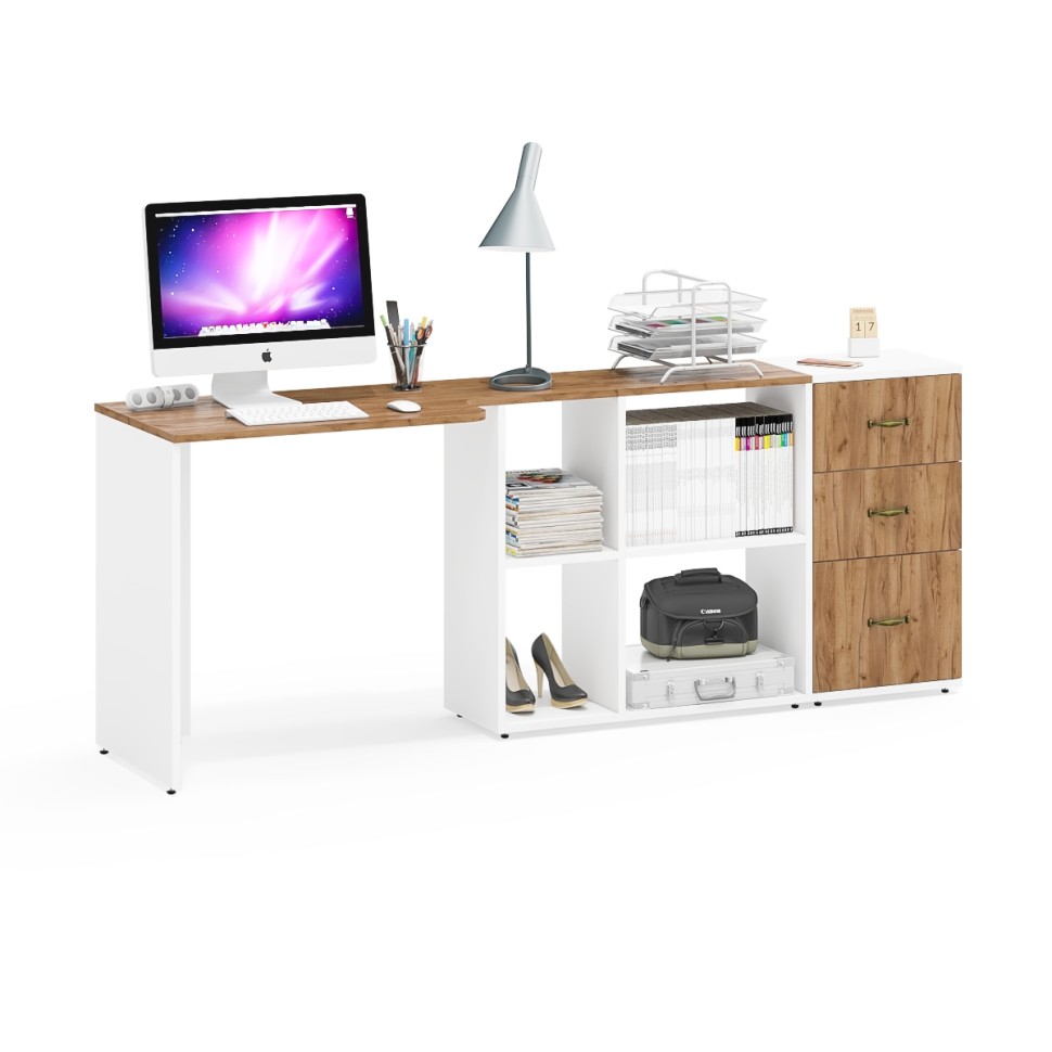 Лидер-8 Стол + Тумба МД 3.16, цвет белый шагрень/крафт золото, ШхГхВ 205х50/30х75 см. или 115х50/120х75 см., НЕ универсальная сборка