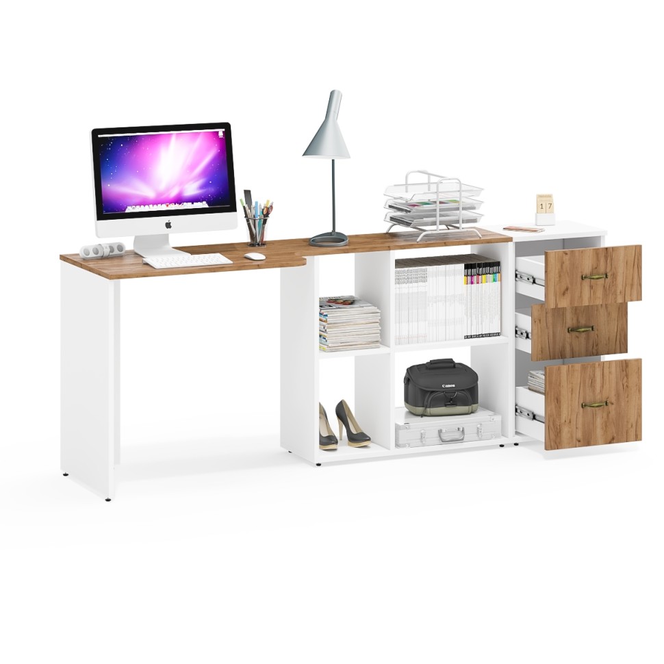 Лидер-8 Стол + Тумба МД 3.16, цвет белый шагрень/крафт золото, ШхГхВ 205х50/30х75 см. или 115х50/120х75 см., НЕ универсальная сборка