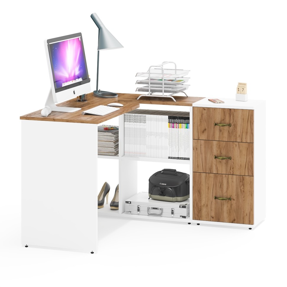 Лидер-8 Стол + Тумба МД 3.16, цвет белый шагрень/крафт золото, ШхГхВ 205х50/30х75 см. или 115х50/120х75 см., НЕ универсальная сборка