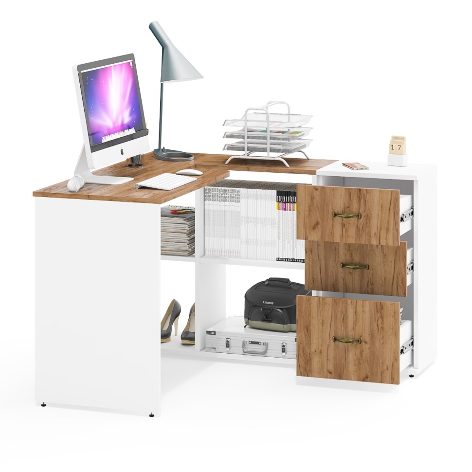 Лидер-8 Стол + Тумба МД 3.16, цвет белый шагрень/крафт золото, ШхГхВ 205х50/30х75 см. или 115х50/120х75 см., НЕ универсальная сборка