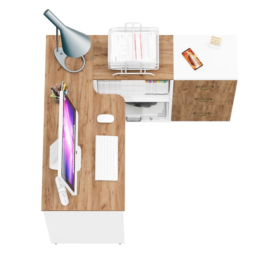 Лидер-8 Стол + Тумба МД 3.16, цвет белый шагрень/крафт золото, ШхГхВ 205х50/30х75 см. или 115х50/120х75 см., НЕ универсальная сборка