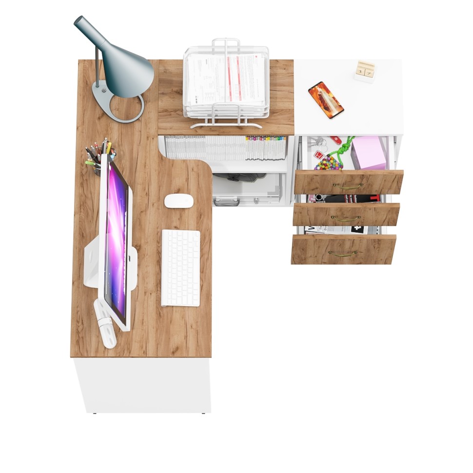 Лидер-8 Стол + Тумба МД 3.16, цвет белый шагрень/крафт золото, ШхГхВ 205х50/30х75 см. или 115х50/120х75 см., НЕ универсальная сборка