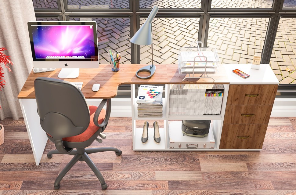 Лидер-8 Стол + Тумба МД 3.16, цвет белый шагрень/крафт золото, ШхГхВ 205х50/30х75 см. или 115х50/120х75 см., НЕ универсальная сборка