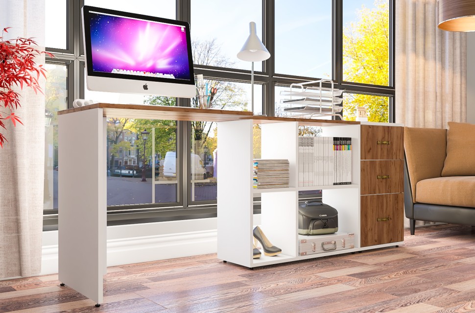 Лидер-8 Стол + Тумба МД 3.16, цвет белый шагрень/крафт золото, ШхГхВ 205х50/30х75 см. или 115х50/120х75 см., НЕ универсальная сборка