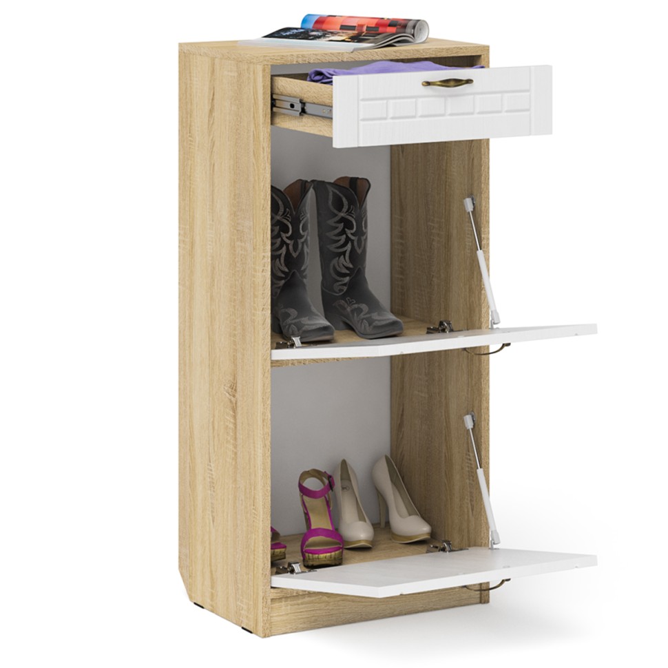Прихожая П-6 Тумба для обуви 2 секции, цвет дуб сонома/фасады МДФ белое дерево фрезеровка прованс, ШхГхВ 50х35х108,3 см.