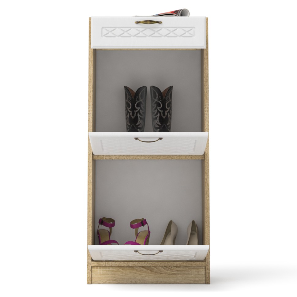 Прихожая П-6 Тумба для обуви 2 секции, цвет дуб сонома/фасады МДФ белое дерево фрезеровка ромб, ШхГхВ 50х35х108,3 см.