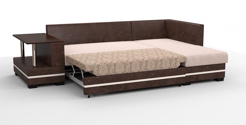 Угловой диван Атланта Люкс бежевая рогожка + волна/коричневая экокожа