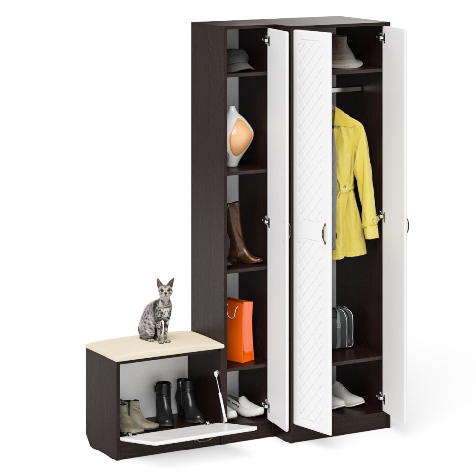 Прихожая П-6 Компоновка № 25, цвет венге/фасады МДФ белое дерево фрезеровка ромб, ШхГхВ 150х50х210 см., универсальная сборка