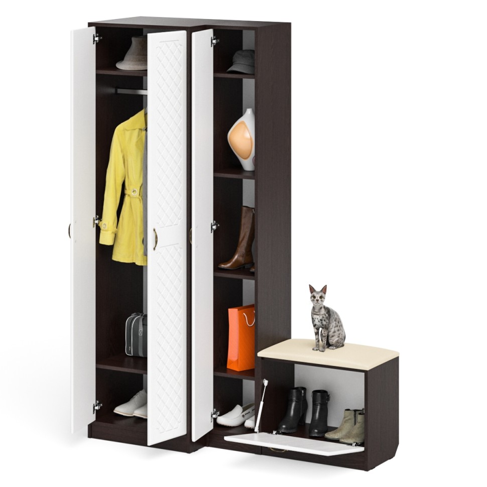 Прихожая П-6 Компоновка № 25, цвет венге/фасады МДФ белое дерево фрезеровка ромб, ШхГхВ 150х50х210 см., универсальная сборка