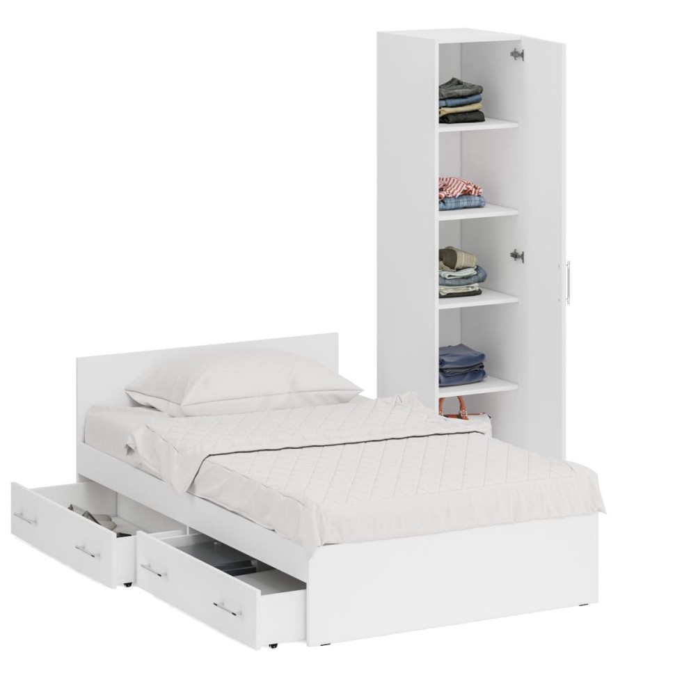 Кровать с ящиками 1200 + Пенал Стандарт, цвет белый, ШхГхВ 123,5х203,5х70 + 45х52х200 см., сп.м. 1200х2000 мм., без матраса, основание есть