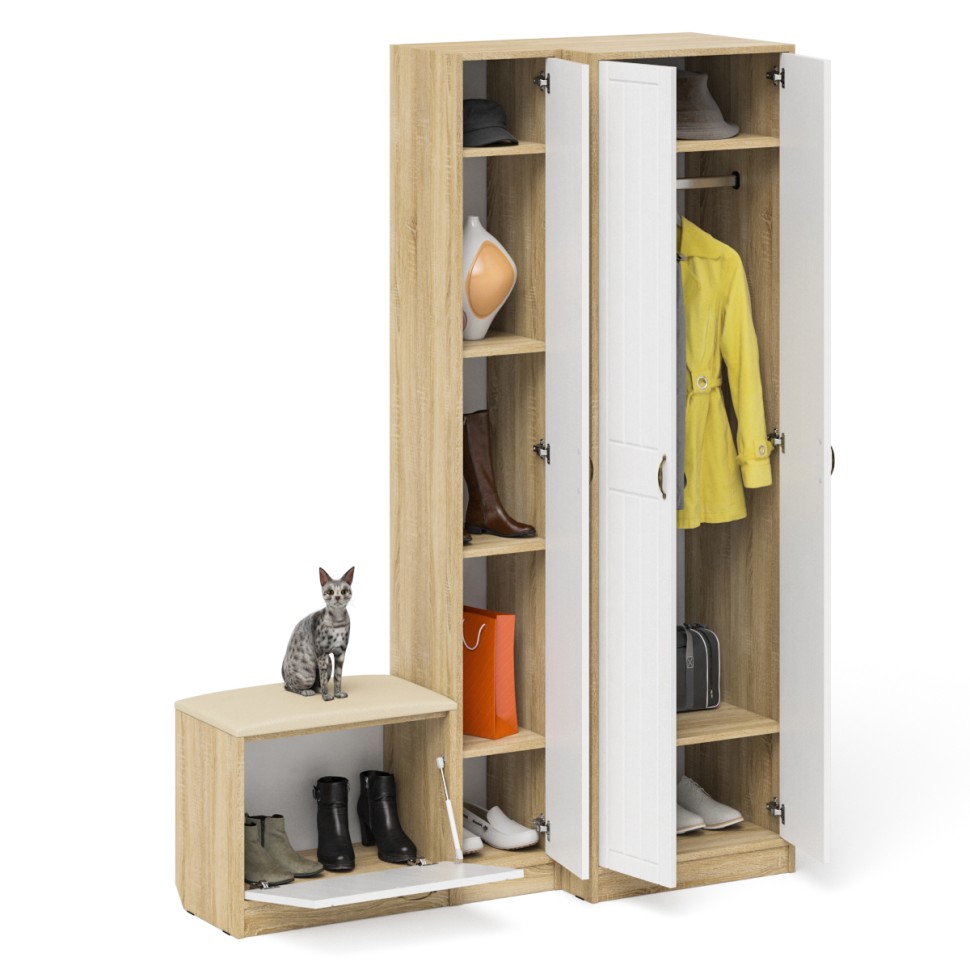 Прихожая П-6 Компоновка № 25, цвет дуб сонома/фасады МДФ белое дерево фрезеровка прованс, ШхГхВ 150х50х210 см., универсальная сборка