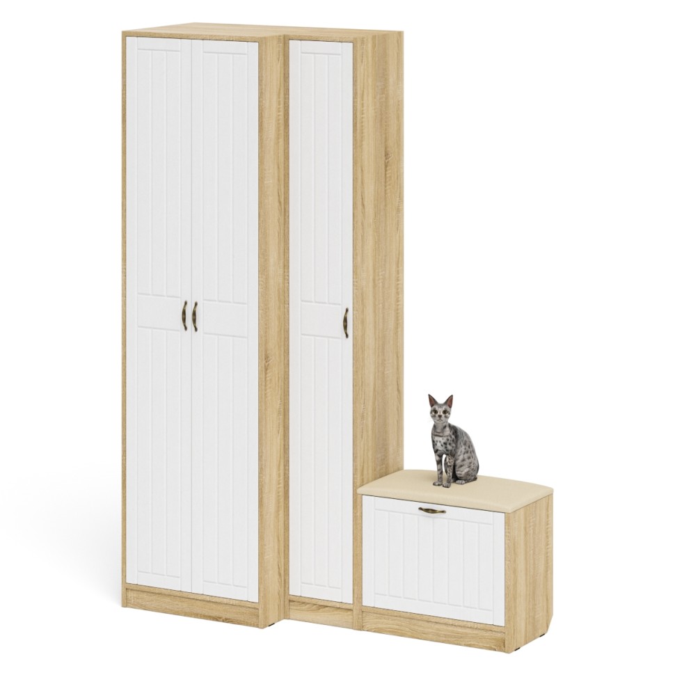 Прихожая П-6 Компоновка № 25, цвет дуб сонома/фасады МДФ белое дерево фрезеровка прованс, ШхГхВ 150х50х210 см., универсальная сборка