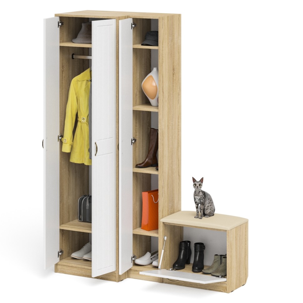 Прихожая П-6 Компоновка № 25, цвет дуб сонома/фасады МДФ белое дерево фрезеровка прованс, ШхГхВ 150х50х210 см., универсальная сборка