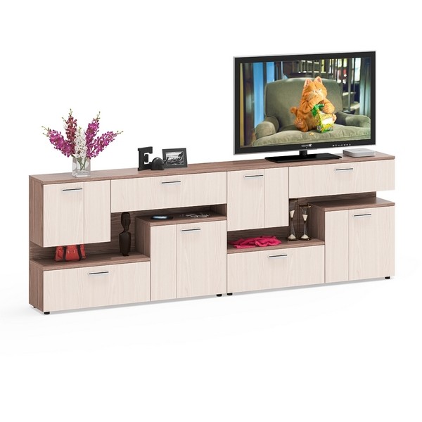 Две тумбы ТВ С-МД-С1-1400, цвет ясень шимо светлый/ясень шимо тёмный, ШхГхВ 280х30х93 см., НЕ универсальная сборка