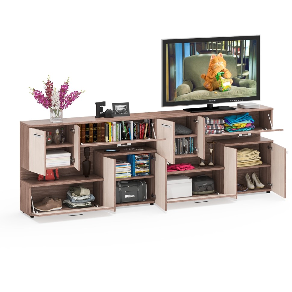 Две тумбы ТВ С-МД-С1-1400, цвет ясень шимо светлый/ясень шимо тёмный, ШхГхВ 280х30х93 см., НЕ универсальная сборка