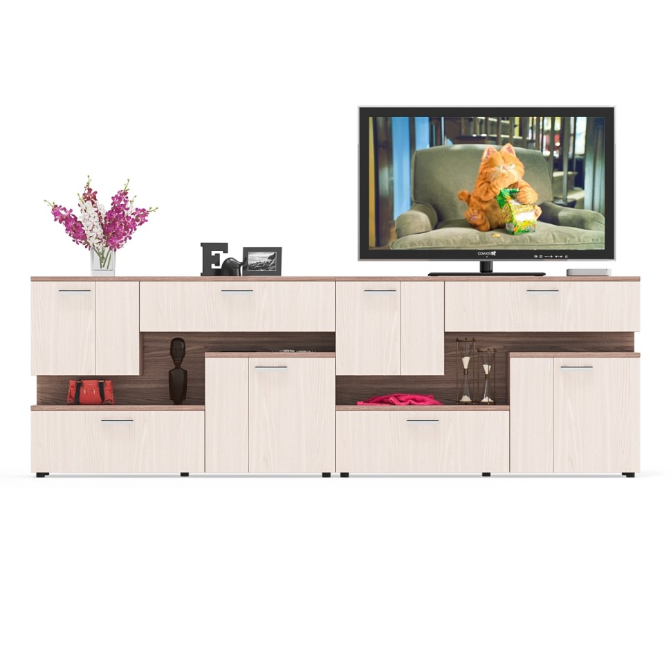 Две тумбы ТВ С-МД-С1-1400, цвет ясень шимо светлый/ясень шимо тёмный, ШхГхВ 280х30х93 см., НЕ универсальная сборка