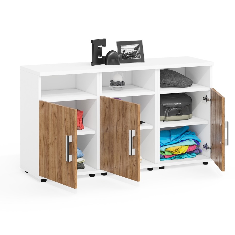 Три тумбы прикроватных Бонус, цвет корпус белый шагрень/фасады крафт золотой, ШхГхВ 120х35х66 см. (Тумба прикроватная Бонус), универсальная сборка