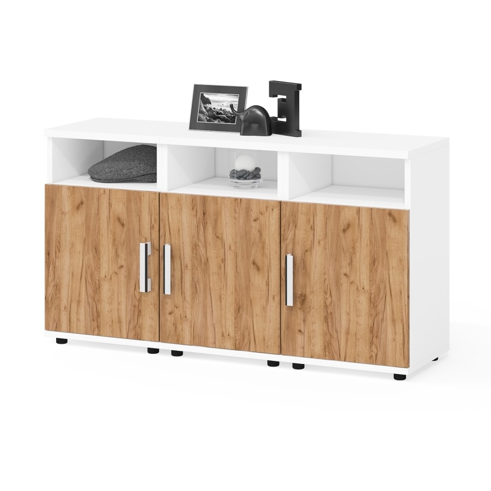 Три тумбы прикроватных Бонус, цвет корпус белый шагрень/фасады крафт золотой, ШхГхВ 120х35х66 см. (Тумба прикроватная Бонус), универсальная сборка