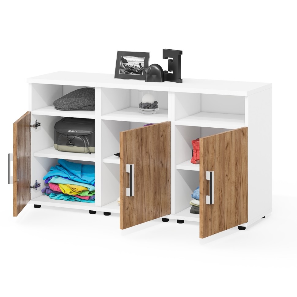 Три тумбы прикроватных Бонус, цвет корпус белый шагрень/фасады крафт золотой, ШхГхВ 120х35х66 см. (Тумба прикроватная Бонус), универсальная сборка