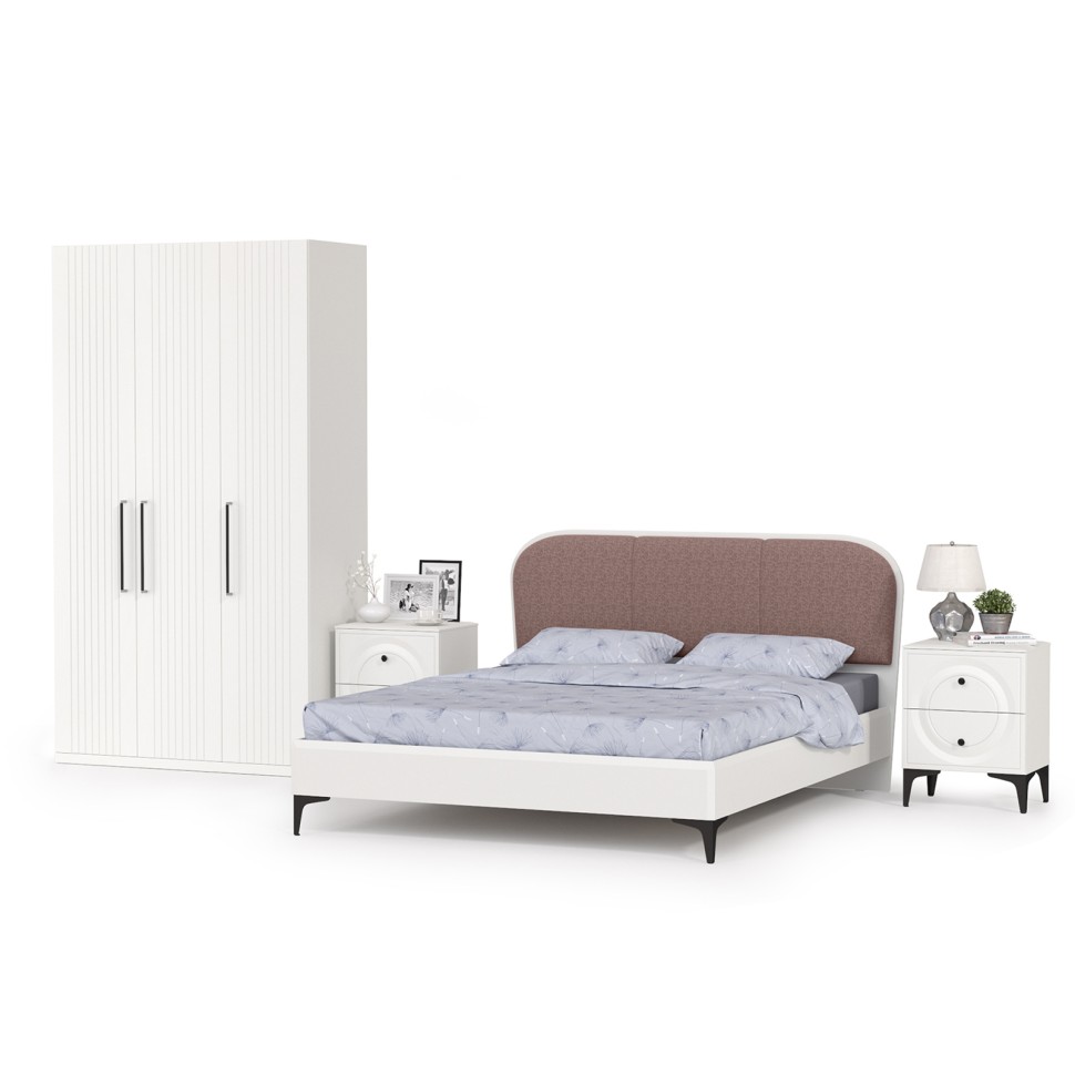 Валенсия Спальня № 34, цвет ЛДСП белый шагрень/МДФ белый шагрень/ткань велутто 19, ортопед есть, сп. м. 1600х2000 мм., б/м