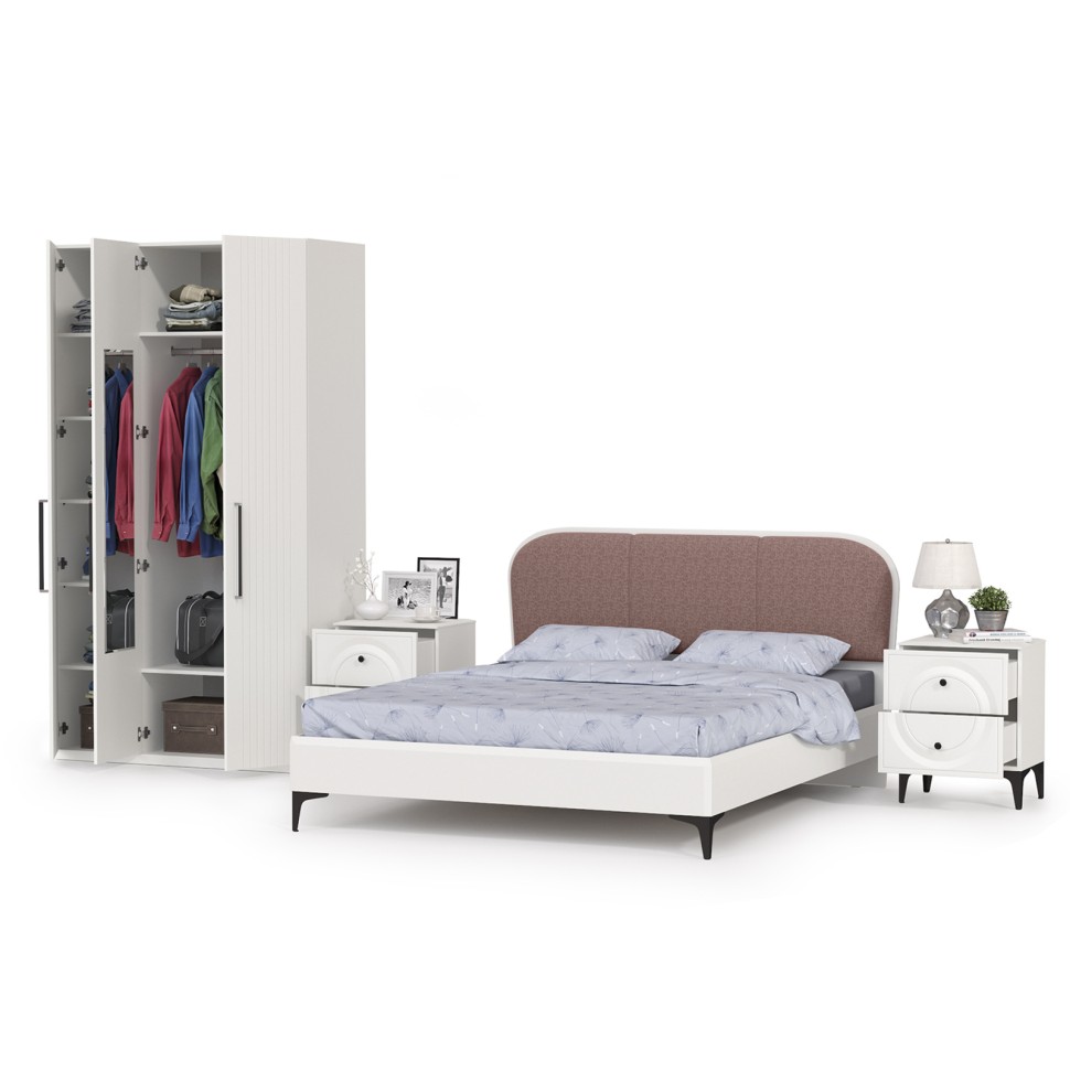 Валенсия Спальня № 34, цвет ЛДСП белый шагрень/МДФ белый шагрень/ткань велутто 19, ортопед есть, сп. м. 1600х2000 мм., б/м