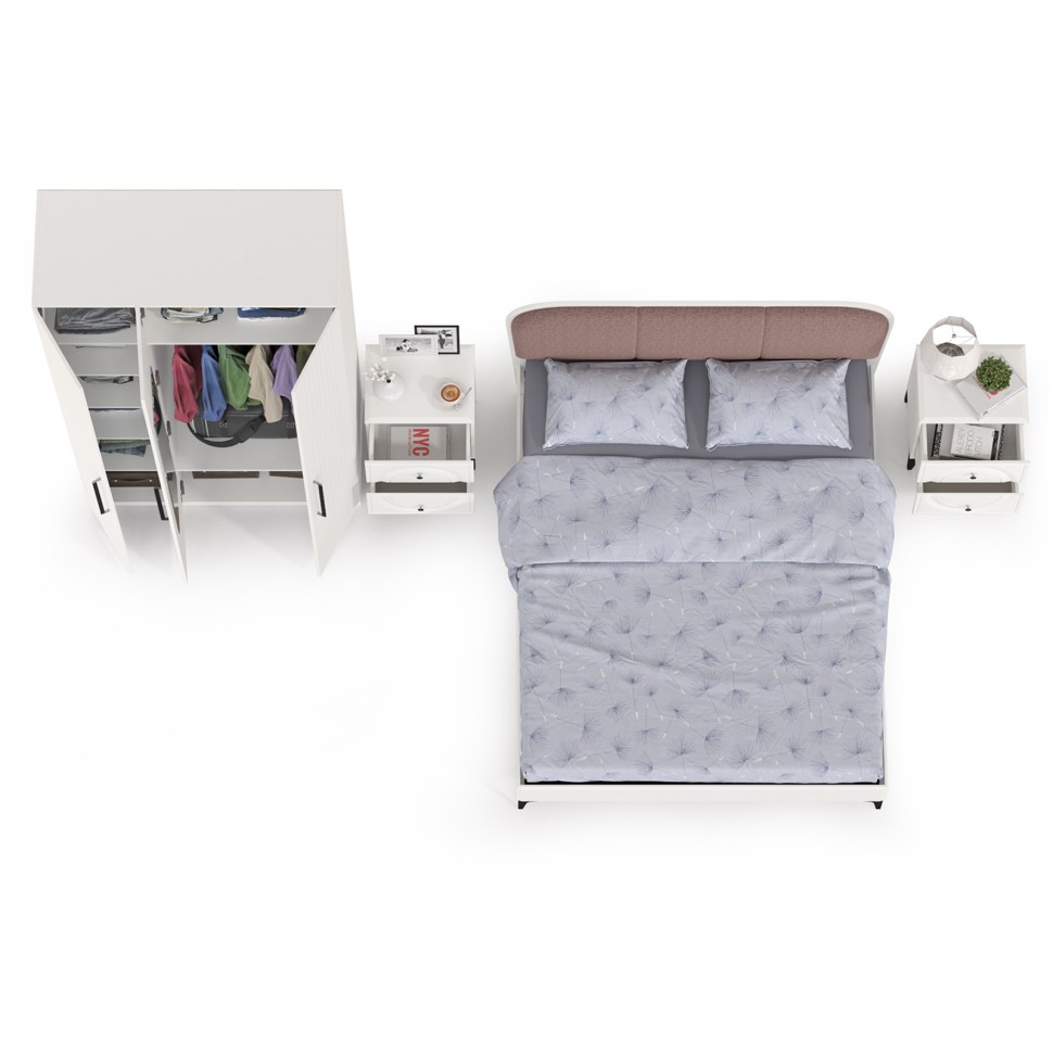 Валенсия Спальня № 34, цвет ЛДСП белый шагрень/МДФ белый шагрень/ткань велутто 19, ортопед есть, сп. м. 1600х2000 мм., б/м