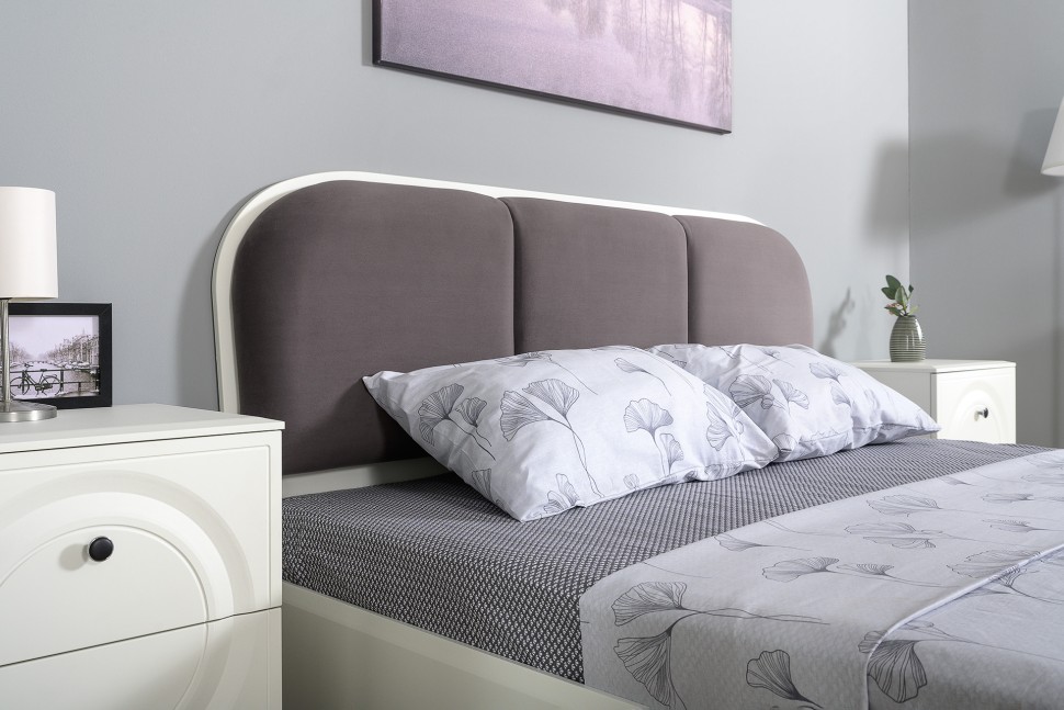Валенсия Спальня № 34, цвет ЛДСП белый шагрень/МДФ белый шагрень/ткань велутто 19, ортопед есть, сп. м. 1600х2000 мм., б/м