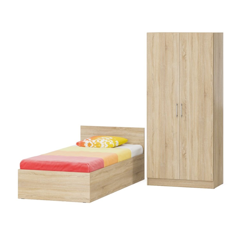 Кровать 0900 + Шкаф 2-х створчатый Стандарт, цвет дуб сонома, ШхГхВ 93,5х203,5х70 + 90х52х200 см., сп.м. 900х2000 мм., без матраса, основание есть