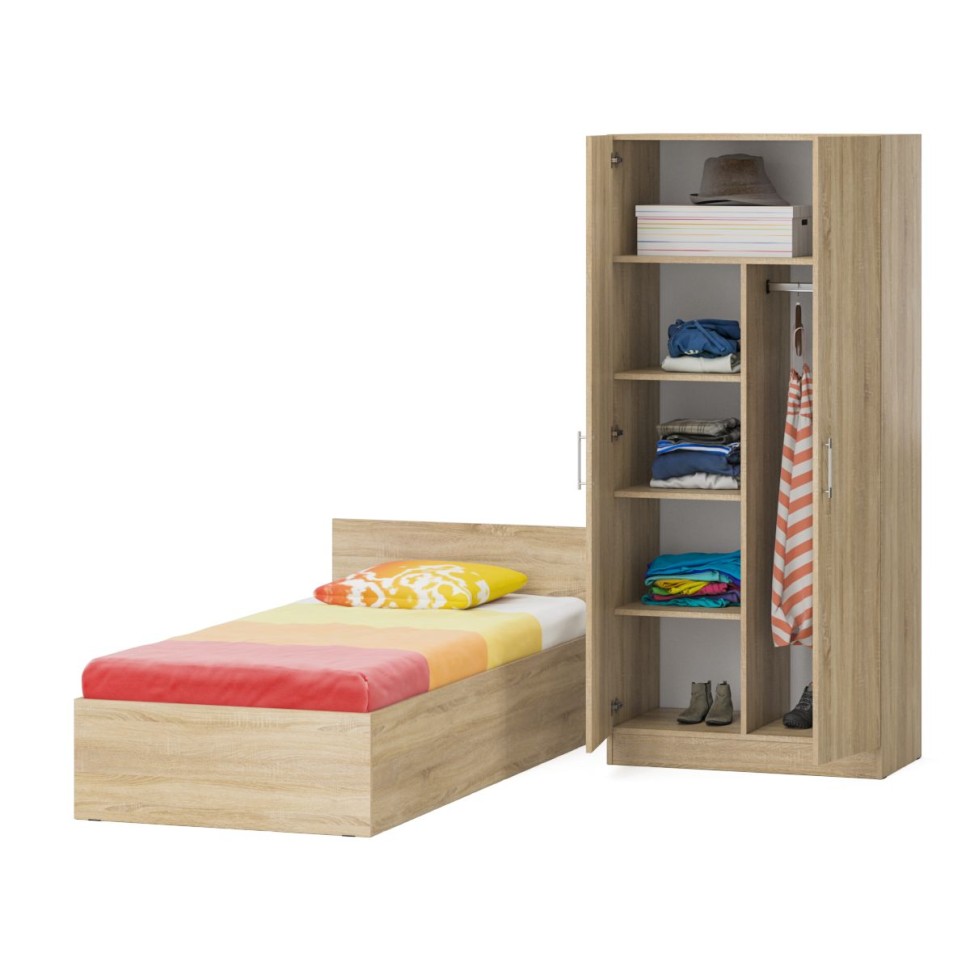 Кровать 0900 + Шкаф 2-х створчатый Стандарт, цвет дуб сонома, ШхГхВ 93,5х203,5х70 + 90х52х200 см., сп.м. 900х2000 мм., без матраса, основание есть