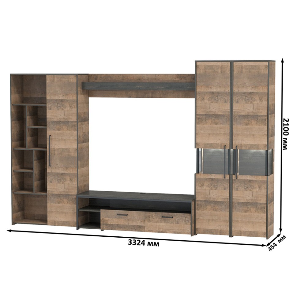 Трувор Гостиная 033, цвет дуб гранж песочный/интра, ШхГхВ 332,4х45,4х210 см., универсальная сборка
