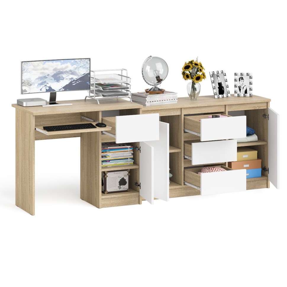 Мори Стол компьютерный МС-1 правый + Комод МК1200.3, цвет дуб сонома/белый, ШхГхВ 210,4х50х76,6 см., выдвижной ящик справа, НЕ универсальная сборка