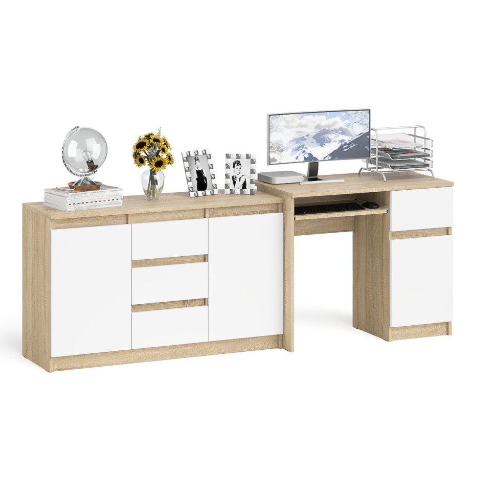 Мори Стол компьютерный МС-1 правый + Комод МК1200.3, цвет дуб сонома/белый, ШхГхВ 210,4х50х76,6 см., выдвижной ящик справа, НЕ универсальная сборка