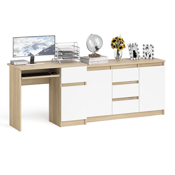 Мори Стол компьютерный МС-1 правый + Комод МК1200.3, цвет дуб сонома/белый, ШхГхВ 210,4х50х76,6 см., выдвижной ящик справа, НЕ универсальная сборка