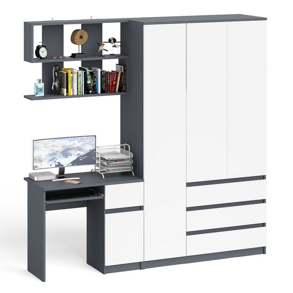 Мори Стол компьютерный МС-1 правый + Шкаф МШ1200.1 + Полка 900, цвет графит/белый, ШхГхВ 210,4х50,4х209,6 см., НЕ универсальная сборка