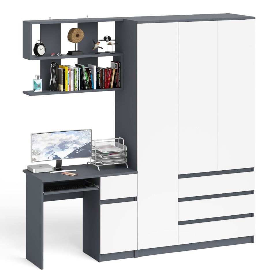 Мори Стол компьютерный МС-1 правый + Шкаф МШ1200.1 + Полка 900, цвет графит/белый, ШхГхВ 210,4х50,4х209,6 см., НЕ универсальная сборка