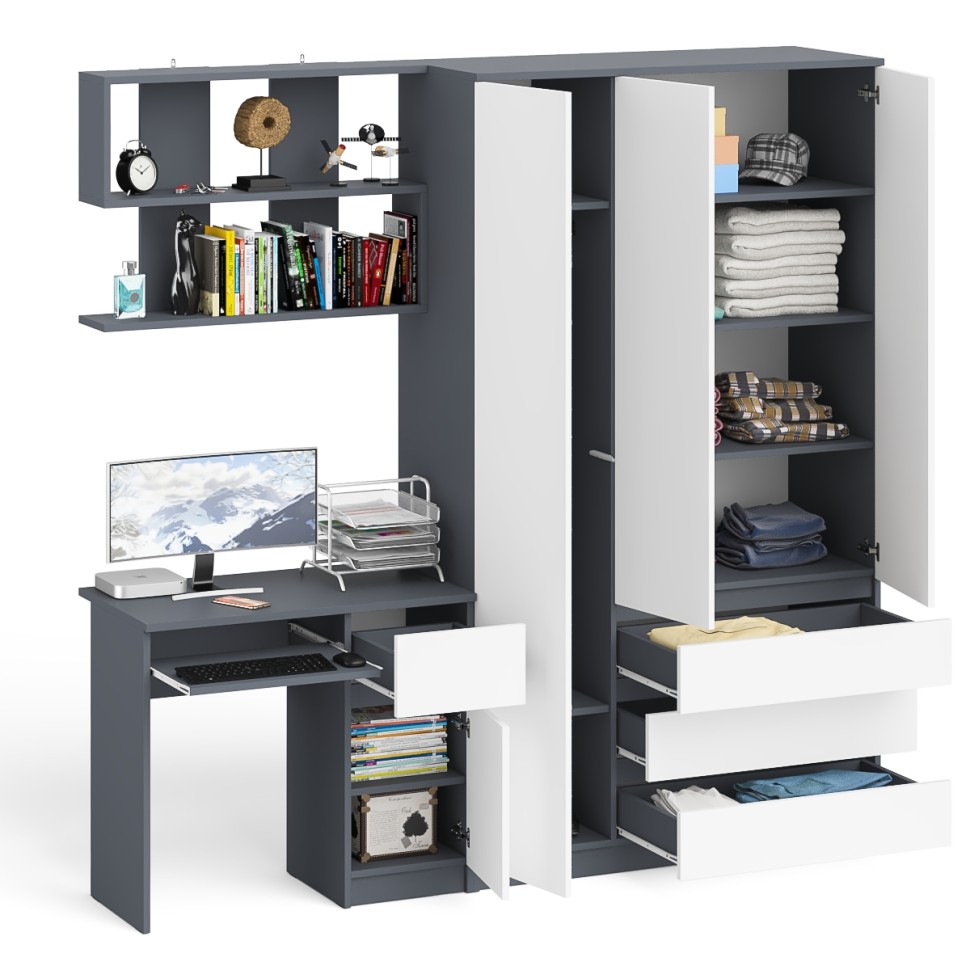 Мори Стол компьютерный МС-1 правый + Шкаф МШ1200.1 + Полка 900, цвет графит/белый, ШхГхВ 210,4х50,4х209,6 см., НЕ универсальная сборка