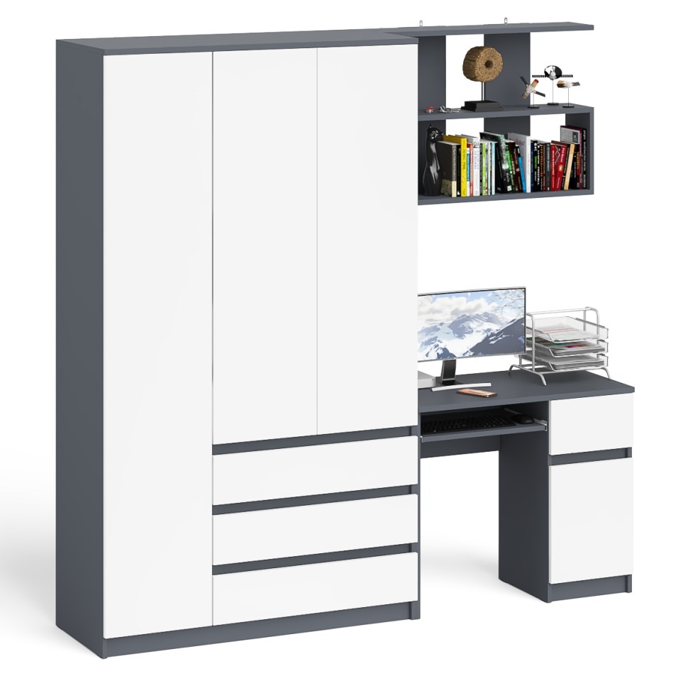 Мори Стол компьютерный МС-1 правый + Шкаф МШ1200.1 + Полка 900, цвет графит/белый, ШхГхВ 210,4х50,4х209,6 см., НЕ универсальная сборка