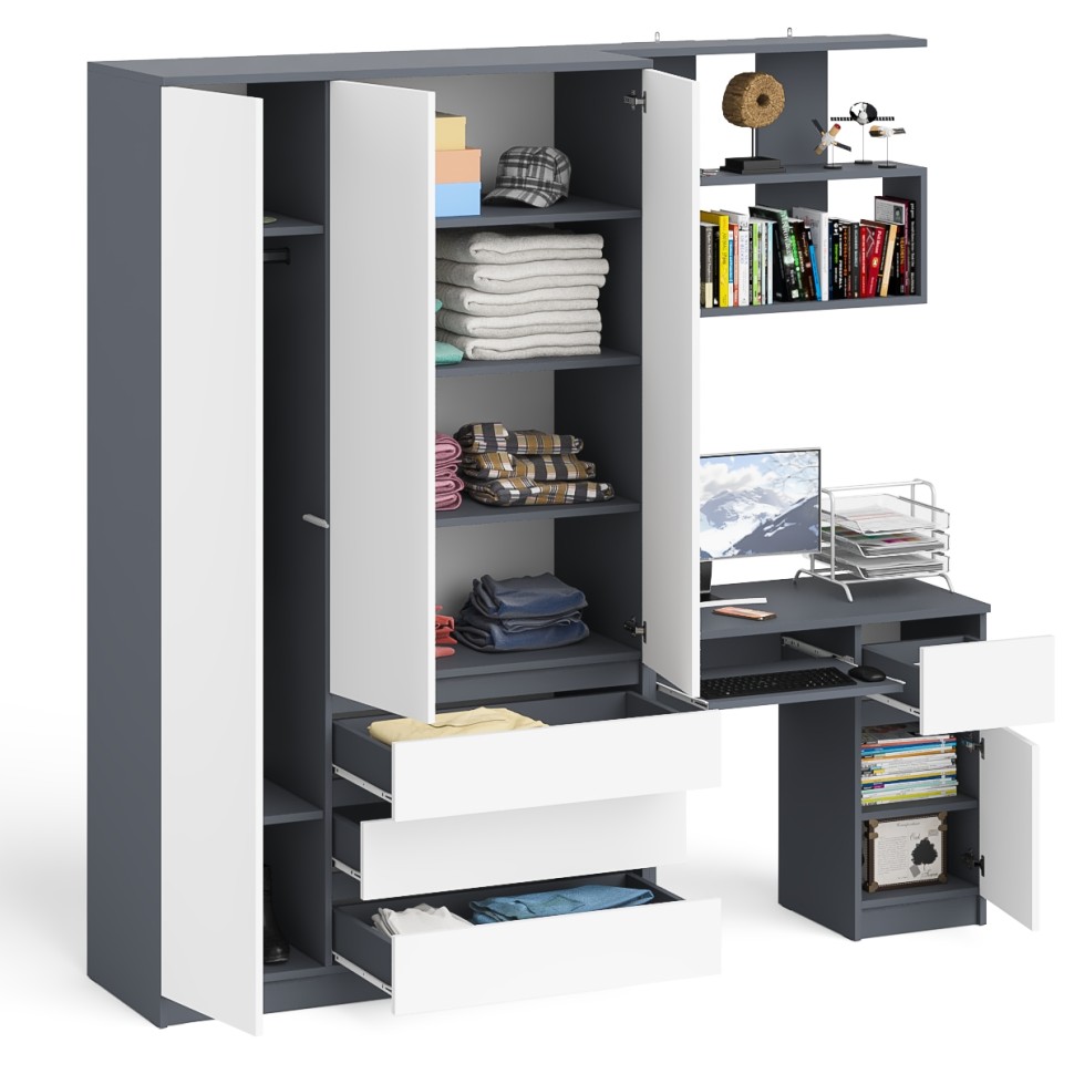 Мори Стол компьютерный МС-1 правый + Шкаф МШ1200.1 + Полка 900, цвет графит/белый, ШхГхВ 210,4х50,4х209,6 см., НЕ универсальная сборка