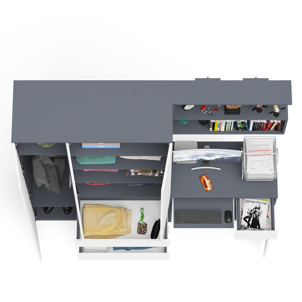 Мори Стол компьютерный МС-1 правый + Шкаф МШ1200.1 + Полка 900, цвет графит/белый, ШхГхВ 210,4х50,4х209,6 см., НЕ универсальная сборка