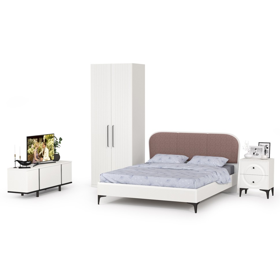 Валенсия Спальня № 36, цвет ЛДСП белый шагрень/чёрный/МДФ белый шагрень/ткань велутто 19, ортопед есть, сп. м. 1600х2000 мм., б/м