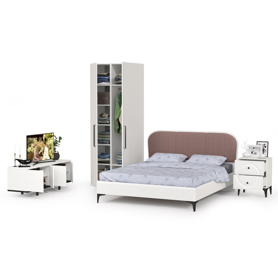 Валенсия Спальня № 36, цвет ЛДСП белый шагрень/чёрный/МДФ белый шагрень/ткань велутто 19, ортопед есть, сп. м. 1600х2000 мм., б/м