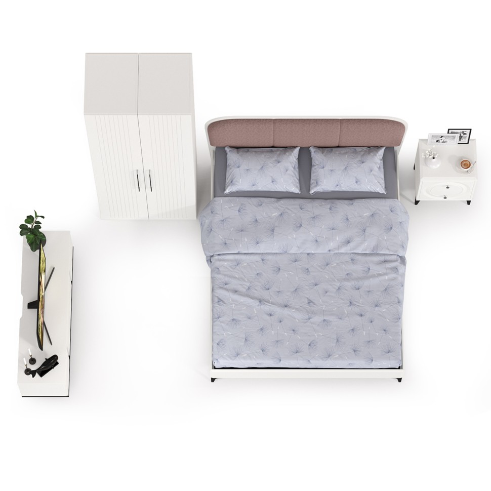 Валенсия Спальня № 36, цвет ЛДСП белый шагрень/чёрный/МДФ белый шагрень/ткань велутто 19, ортопед есть, сп. м. 1600х2000 мм., б/м